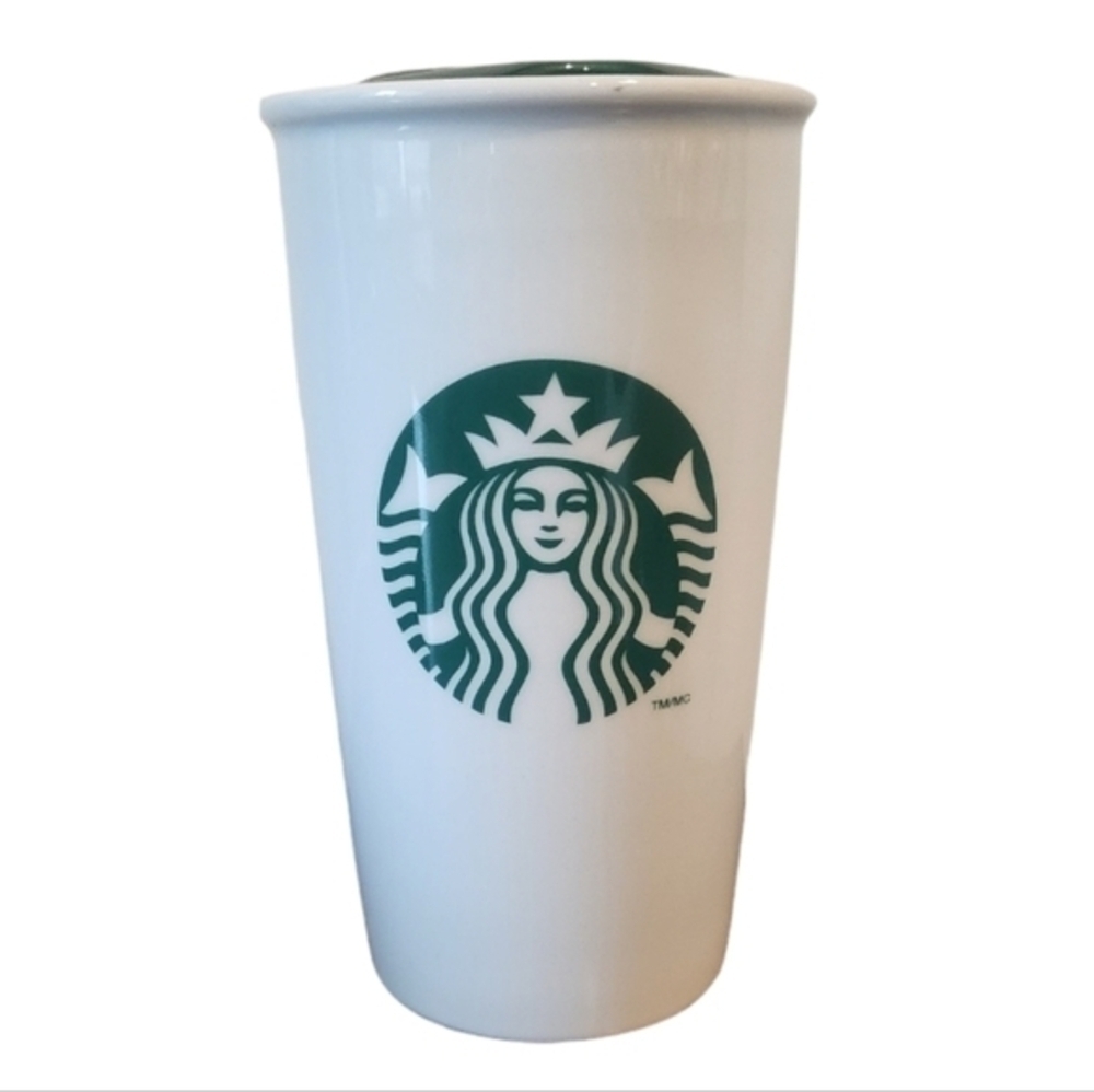 Starbucks 2014 Classic Ceramic Travel Mug 12 Oz White Green Siren